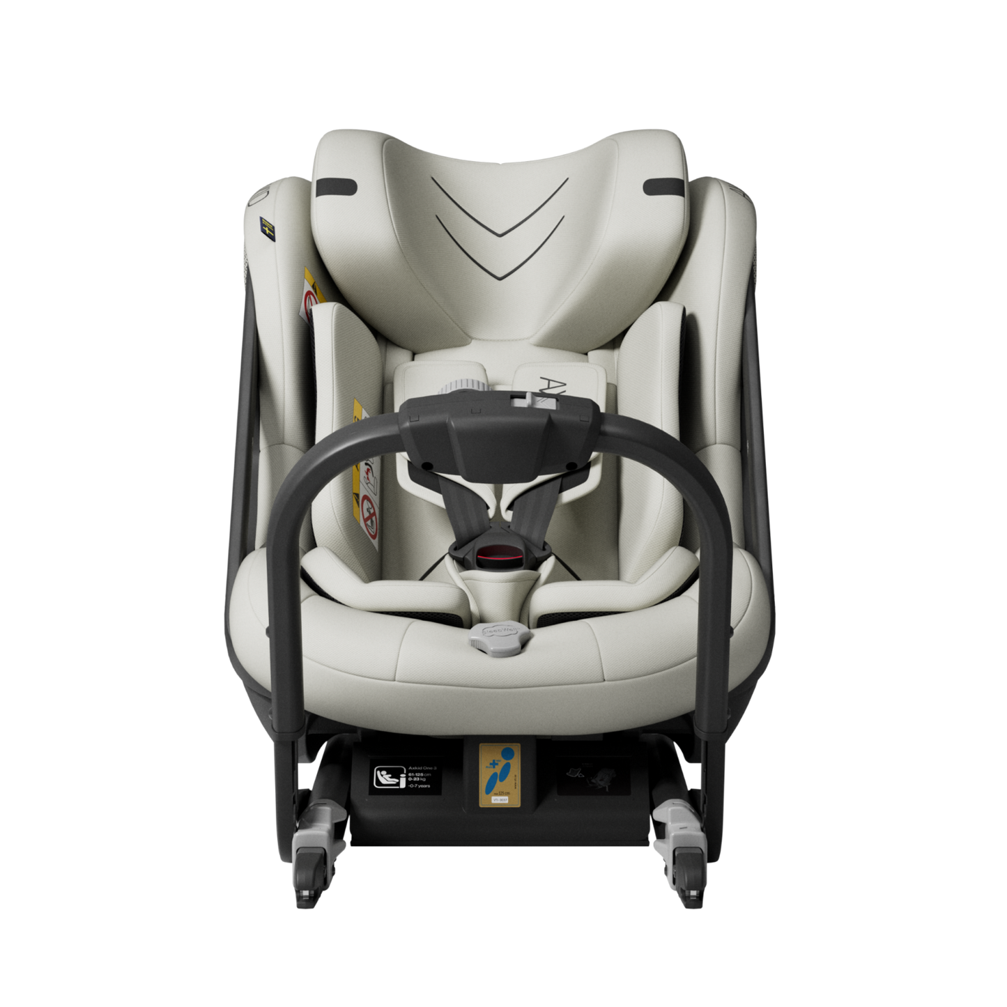 Bakovervendt, beige bilstol til 23 kilo og 125 cm. Passer alle biler med isofix.