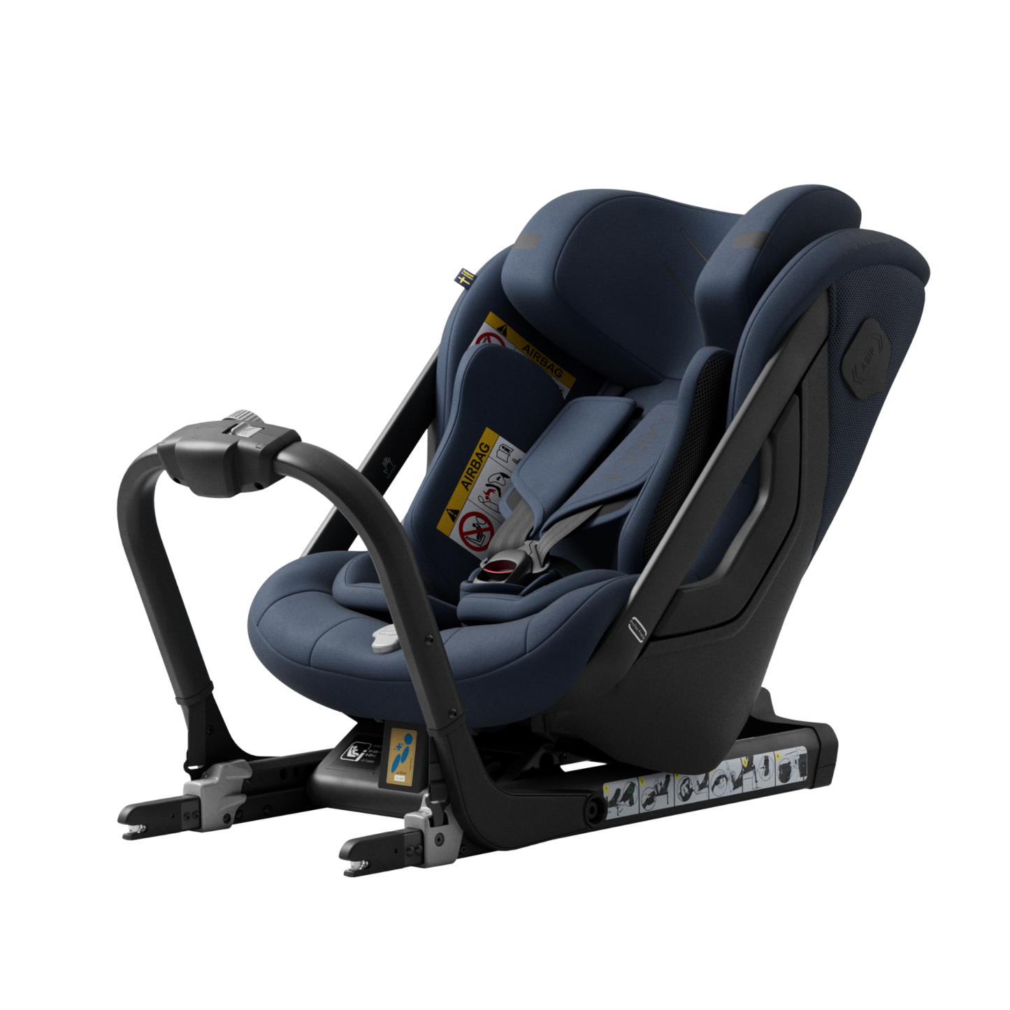 Bakovervendt, blå bilstol til 23 kilo og 125 cm. Passer alle biler med isofix.