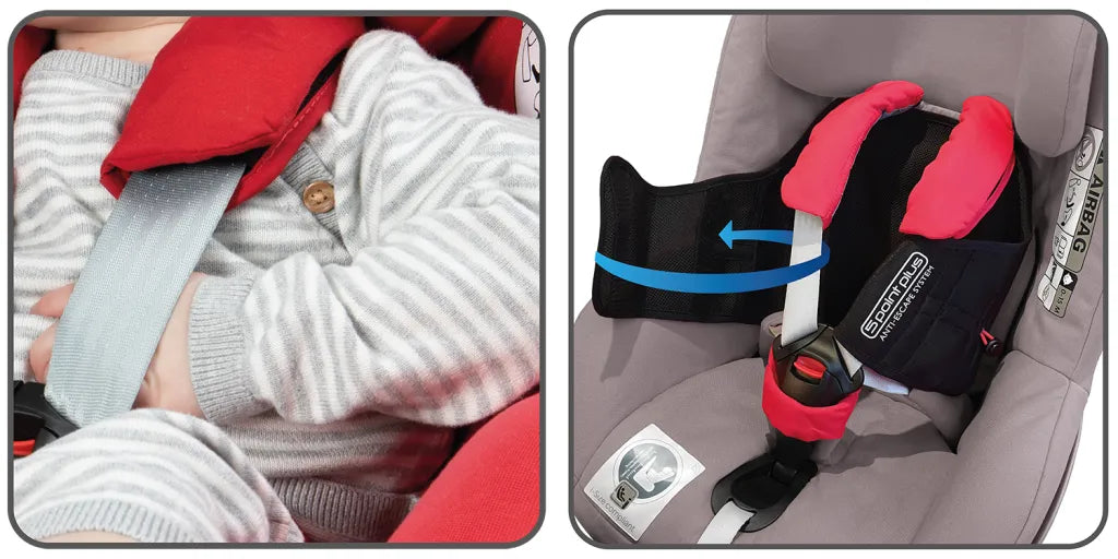 Bilder som viser hvordan noen barn kan komme seg ut av selene ved å tre armene gjennom selene, og hvordan 5point plus anti-escape system installeres med borrelås rundt selene til bilstolen, for å hindre barnet i å rømme.
