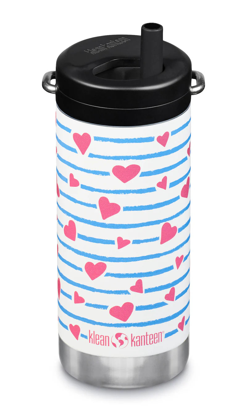 Hvit med striper og hjerter, Klean Kanteen TK Wide isolert, Holm Barnesikring