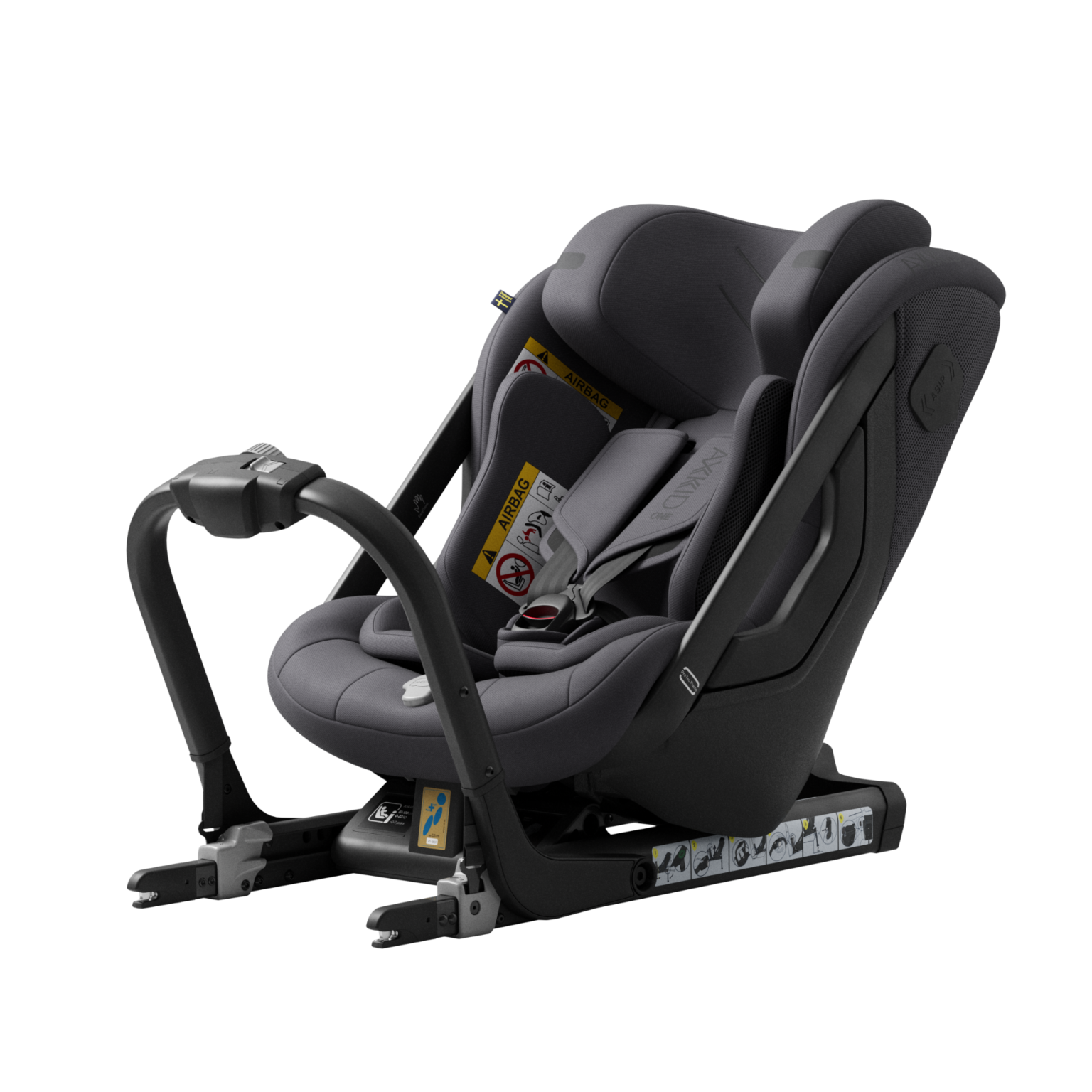 Bakovervendt, grå bilstol til 23 kilo og 125 cm. Passer alle biler med isofix.