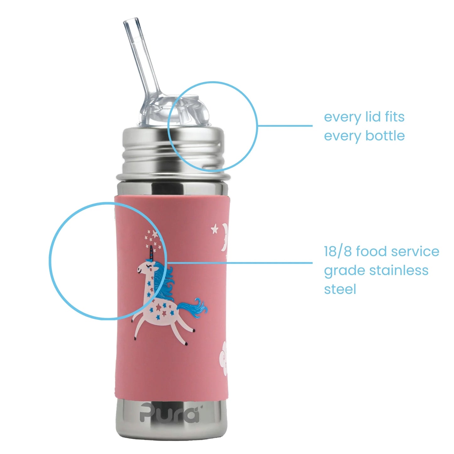Pura Kiki Rosa enhjørning plastfri drikkeflaske til barn, utskiftbare topper.
